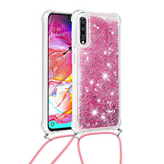 Silikon Hülle Handyhülle Gummi Schutzhülle Flexible Tasche Bling-Bling mit Schlüsselband Lanyard S03 für Samsung Galaxy A70 Rot