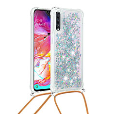 Silikon Hülle Handyhülle Gummi Schutzhülle Flexible Tasche Bling-Bling mit Schlüsselband Lanyard S03 für Samsung Galaxy A70 Silber