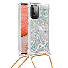 Silikon Hülle Handyhülle Gummi Schutzhülle Flexible Tasche Bling-Bling mit Schlüsselband Lanyard S03 für Samsung Galaxy A72 5G Silber