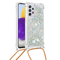 Silikon Hülle Handyhülle Gummi Schutzhülle Flexible Tasche Bling-Bling mit Schlüsselband Lanyard S03 für Samsung Galaxy A73 5G Silber