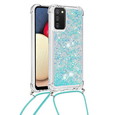 Silikon Hülle Handyhülle Gummi Schutzhülle Flexible Tasche Bling-Bling mit Schlüsselband Lanyard S03 für Samsung Galaxy F02S SM-E025F Hellblau