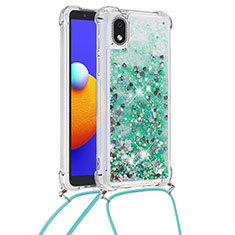 Silikon Hülle Handyhülle Gummi Schutzhülle Flexible Tasche Bling-Bling mit Schlüsselband Lanyard S03 für Samsung Galaxy M01 Core Grün