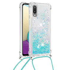 Silikon Hülle Handyhülle Gummi Schutzhülle Flexible Tasche Bling-Bling mit Schlüsselband Lanyard S03 für Samsung Galaxy M02 Hellblau