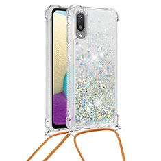 Silikon Hülle Handyhülle Gummi Schutzhülle Flexible Tasche Bling-Bling mit Schlüsselband Lanyard S03 für Samsung Galaxy M02 Silber