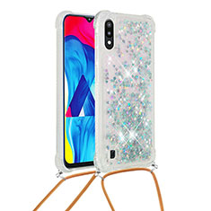 Silikon Hülle Handyhülle Gummi Schutzhülle Flexible Tasche Bling-Bling mit Schlüsselband Lanyard S03 für Samsung Galaxy M10 Silber