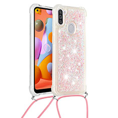 Silikon Hülle Handyhülle Gummi Schutzhülle Flexible Tasche Bling-Bling mit Schlüsselband Lanyard S03 für Samsung Galaxy M11 Rosa