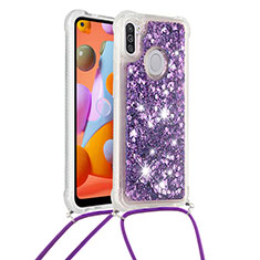 Silikon Hülle Handyhülle Gummi Schutzhülle Flexible Tasche Bling-Bling mit Schlüsselband Lanyard S03 für Samsung Galaxy M11 Violett