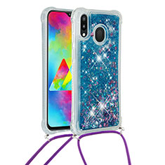 Silikon Hülle Handyhülle Gummi Schutzhülle Flexible Tasche Bling-Bling mit Schlüsselband Lanyard S03 für Samsung Galaxy M20 Blau