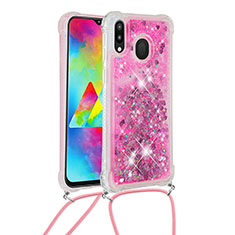 Silikon Hülle Handyhülle Gummi Schutzhülle Flexible Tasche Bling-Bling mit Schlüsselband Lanyard S03 für Samsung Galaxy M20 Pink