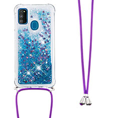 Silikon Hülle Handyhülle Gummi Schutzhülle Flexible Tasche Bling-Bling mit Schlüsselband Lanyard S03 für Samsung Galaxy M21 Blau