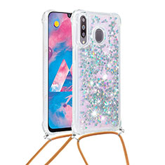 Silikon Hülle Handyhülle Gummi Schutzhülle Flexible Tasche Bling-Bling mit Schlüsselband Lanyard S03 für Samsung Galaxy M30 Silber