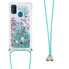 Silikon Hülle Handyhülle Gummi Schutzhülle Flexible Tasche Bling-Bling mit Schlüsselband Lanyard S03 für Samsung Galaxy M30s Grün