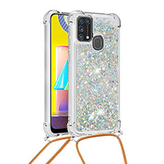 Silikon Hülle Handyhülle Gummi Schutzhülle Flexible Tasche Bling-Bling mit Schlüsselband Lanyard S03 für Samsung Galaxy M31 Prime Edition Silber