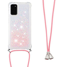 Silikon Hülle Handyhülle Gummi Schutzhülle Flexible Tasche Bling-Bling mit Schlüsselband Lanyard S03 für Samsung Galaxy S20 5G Rosa