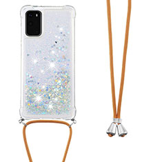 Silikon Hülle Handyhülle Gummi Schutzhülle Flexible Tasche Bling-Bling mit Schlüsselband Lanyard S03 für Samsung Galaxy S20 Silber