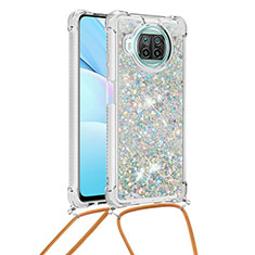 Silikon Hülle Handyhülle Gummi Schutzhülle Flexible Tasche Bling-Bling mit Schlüsselband Lanyard S03 für Xiaomi Mi 10i 5G Silber