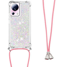 Silikon Hülle Handyhülle Gummi Schutzhülle Flexible Tasche Bling-Bling mit Schlüsselband Lanyard S03 für Xiaomi Mi 13 Lite 5G Rosa