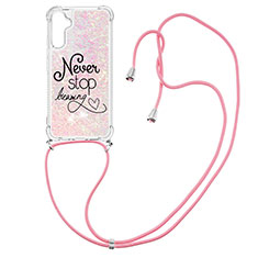 Silikon Hülle Handyhülle Gummi Schutzhülle Flexible Tasche Bling-Bling mit Schlüsselband Lanyard YB2 für Samsung Galaxy A34 5G Rosa