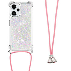 Silikon Hülle Handyhülle Gummi Schutzhülle Flexible Tasche Bling-Bling mit Schlüsselband Lanyard YB3 für Xiaomi Redmi Note 12 Turbo 5G Silber