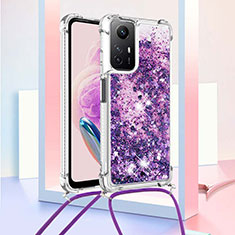 Silikon Hülle Handyhülle Gummi Schutzhülle Flexible Tasche Bling-Bling mit Schlüsselband Lanyard YB3 für Xiaomi Redmi Note 12S Violett