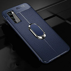 Silikon Hülle Handyhülle Gummi Schutzhülle Leder Tasche mit Magnetisch Fingerring Ständer für Huawei Honor V30 Pro 5G Blau