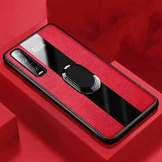 Silikon Hülle Handyhülle Gummi Schutzhülle Leder Tasche mit Magnetisch Fingerring Ständer für Oppo Find X2 Pro Rot