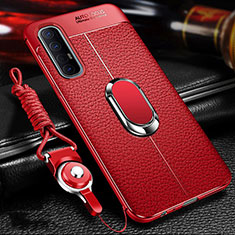 Silikon Hülle Handyhülle Gummi Schutzhülle Leder Tasche mit Magnetisch Fingerring Ständer für Oppo Reno3 Pro Rot