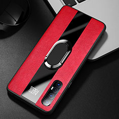 Silikon Hülle Handyhülle Gummi Schutzhülle Leder Tasche mit Magnetisch Fingerring Ständer S01 für Oppo Reno3 Pro Rot