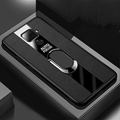 Silikon Hülle Handyhülle Gummi Schutzhülle Leder Tasche mit Magnetisch Fingerring Ständer S03 für Huawei Nova 5z Schwarz