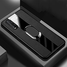 Silikon Hülle Handyhülle Gummi Schutzhülle Leder Tasche mit Magnetisch Fingerring Ständer S03 für Oppo Find X2 Schwarz