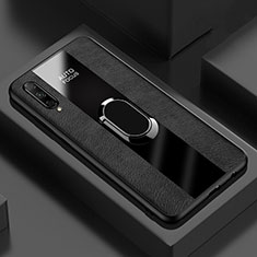 Silikon Hülle Handyhülle Gummi Schutzhülle Leder Tasche mit Magnetisch Fingerring Ständer S04 für Huawei P Smart Pro (2019) Schwarz