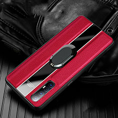 Silikon Hülle Handyhülle Gummi Schutzhülle Leder Tasche mit Magnetisch Fingerring Ständer S04 für Oppo Reno3 Pro Rot