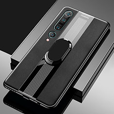 Silikon Hülle Handyhülle Gummi Schutzhülle Leder Tasche mit Magnetisch Fingerring Ständer S04 für Xiaomi Mi 10 Pro Schwarz