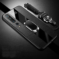 Silikon Hülle Handyhülle Gummi Schutzhülle Leder Tasche mit Magnetisch Fingerring Ständer S07 für Xiaomi Mi 10 Schwarz