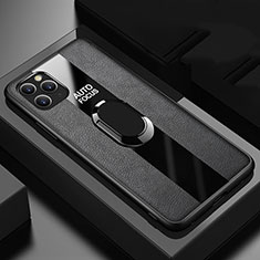 Silikon Hülle Handyhülle Gummi Schutzhülle Leder Tasche mit Magnetisch Fingerring Ständer T01 für Apple iPhone 11 Pro Max Schwarz