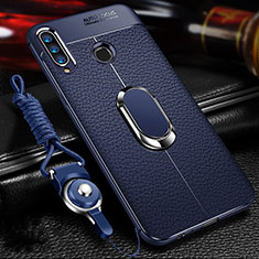 Silikon Hülle Handyhülle Gummi Schutzhülle Leder Tasche mit Magnetisch Fingerring Ständer T01 für Huawei Honor 10i Blau