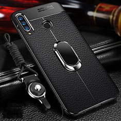 Silikon Hülle Handyhülle Gummi Schutzhülle Leder Tasche mit Magnetisch Fingerring Ständer T01 für Huawei Honor 20i Schwarz