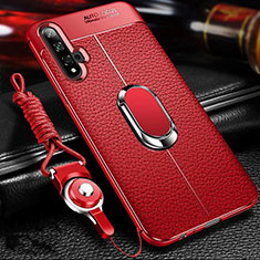 Silikon Hülle Handyhülle Gummi Schutzhülle Leder Tasche mit Magnetisch Fingerring Ständer T01 für Huawei Nova 5T Rot