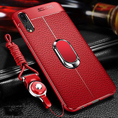 Silikon Hülle Handyhülle Gummi Schutzhülle Leder Tasche mit Magnetisch Fingerring Ständer T01 für Huawei P20 Pro Rot