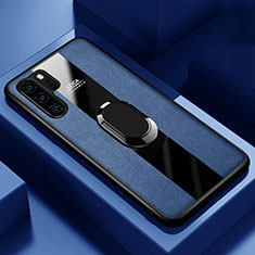 Silikon Hülle Handyhülle Gummi Schutzhülle Leder Tasche mit Magnetisch Fingerring Ständer T01 für Huawei P30 Pro Blau