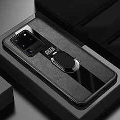Silikon Hülle Handyhülle Gummi Schutzhülle Leder Tasche mit Magnetisch Fingerring Ständer T01 für Samsung Galaxy S20 Ultra 5G Schwarz