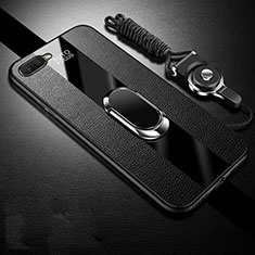 Silikon Hülle Handyhülle Gummi Schutzhülle Leder Tasche mit Magnetisch Fingerring Ständer T02 für Oppo R15X Schwarz