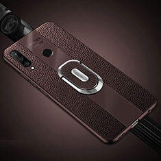 Silikon Hülle Handyhülle Gummi Schutzhülle Leder Tasche mit Magnetisch Fingerring Ständer T03 für Huawei P30 Lite New Edition Braun