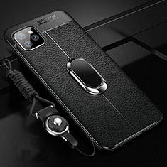 Silikon Hülle Handyhülle Gummi Schutzhülle Leder Tasche mit Magnetisch Fingerring Ständer T04 für Apple iPhone 11 Pro Max Schwarz
