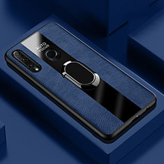 Silikon Hülle Handyhülle Gummi Schutzhülle Leder Tasche mit Magnetisch Fingerring Ständer T04 für Huawei Honor 20i Blau