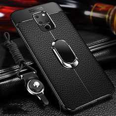 Silikon Hülle Handyhülle Gummi Schutzhülle Leder Tasche mit Magnetisch Fingerring Ständer T04 für Huawei Mate 20 Schwarz