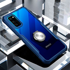 Silikon Hülle Handyhülle Rahmen Schutzhülle Durchsichtig Transparent Spiegel 360 Grad mit Magnetisch Fingerring Ständer für Huawei Honor V30 5G Blau