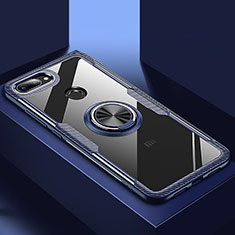 Silikon Hülle Handyhülle Rahmen Schutzhülle Durchsichtig Transparent Spiegel 360 Grad mit Magnetisch Fingerring Ständer für Xiaomi Mi 8 Lite Blau
