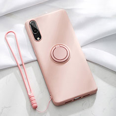 Silikon Hülle Handyhülle Ultra Dünn Schutzhülle Flexible Tasche Silikon mit Magnetisch Fingerring Ständer T04 für Huawei P20 Rosa