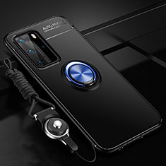 Silikon Hülle Handyhülle Ultra Dünn Schutzhülle Flexible Tasche Silikon mit Magnetisch Fingerring Ständer T04 für Huawei P40 Pro Blau und Schwarz